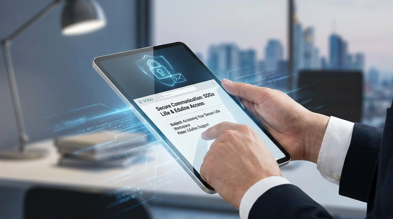 Une personne utilisant une tablette affichant une interface sécurisée de SOGo Lille sur un fond de bureau professionnel.