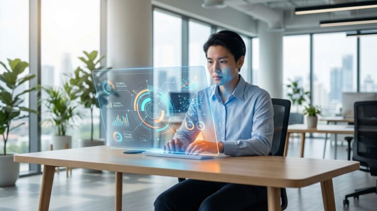 Un homme d'affaires travaillant sur un écran tactile holographique affichant des graphiques de données financières.