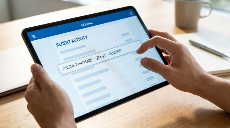 Une personne consulte une transaction bancaire en attente sur une tablette numérique.