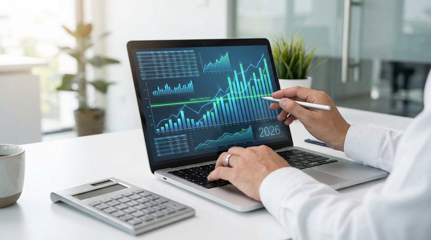 Une personne analyse un graphique financier de seuil de rentabilité sur un écran d'ordinateur portable.