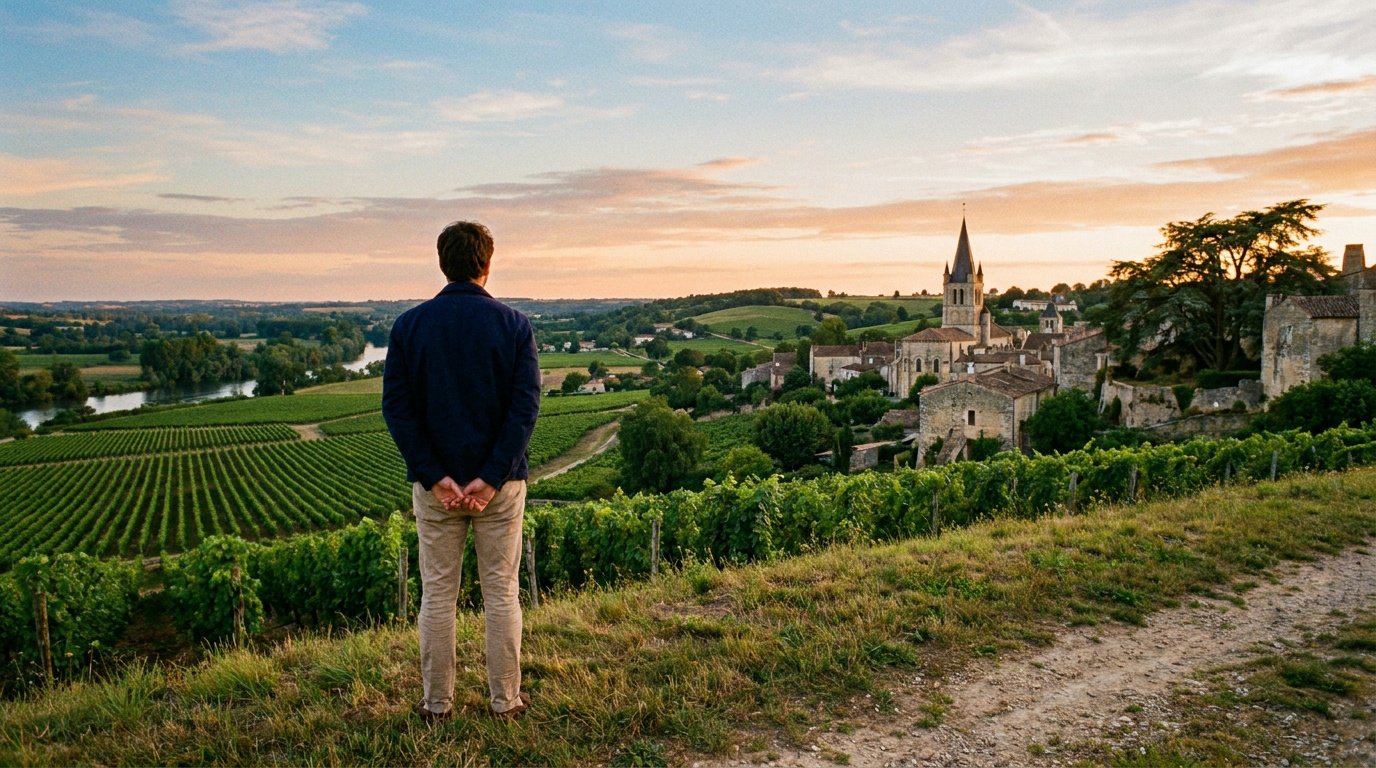 Un homme de dos observe un village français traditionnel et ses vignobles au coucher du soleil.