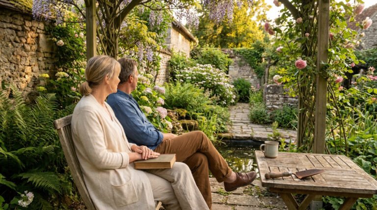 Un couple assis paisiblement dans un jardin fleuri avec une pergola et un bassin.