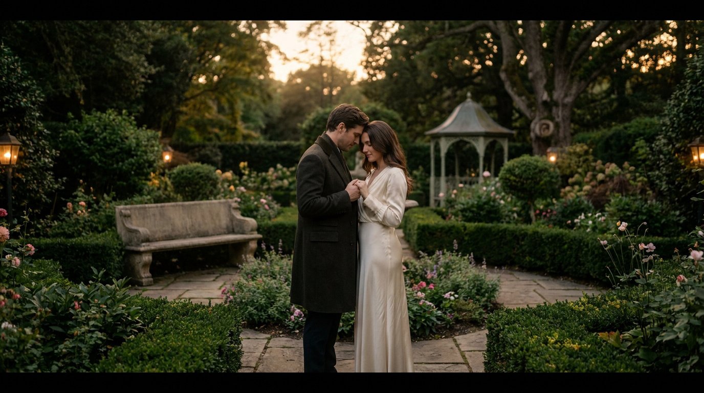 Un couple élégant se tenant la main dans un jardin pittoresque au coucher du soleil.