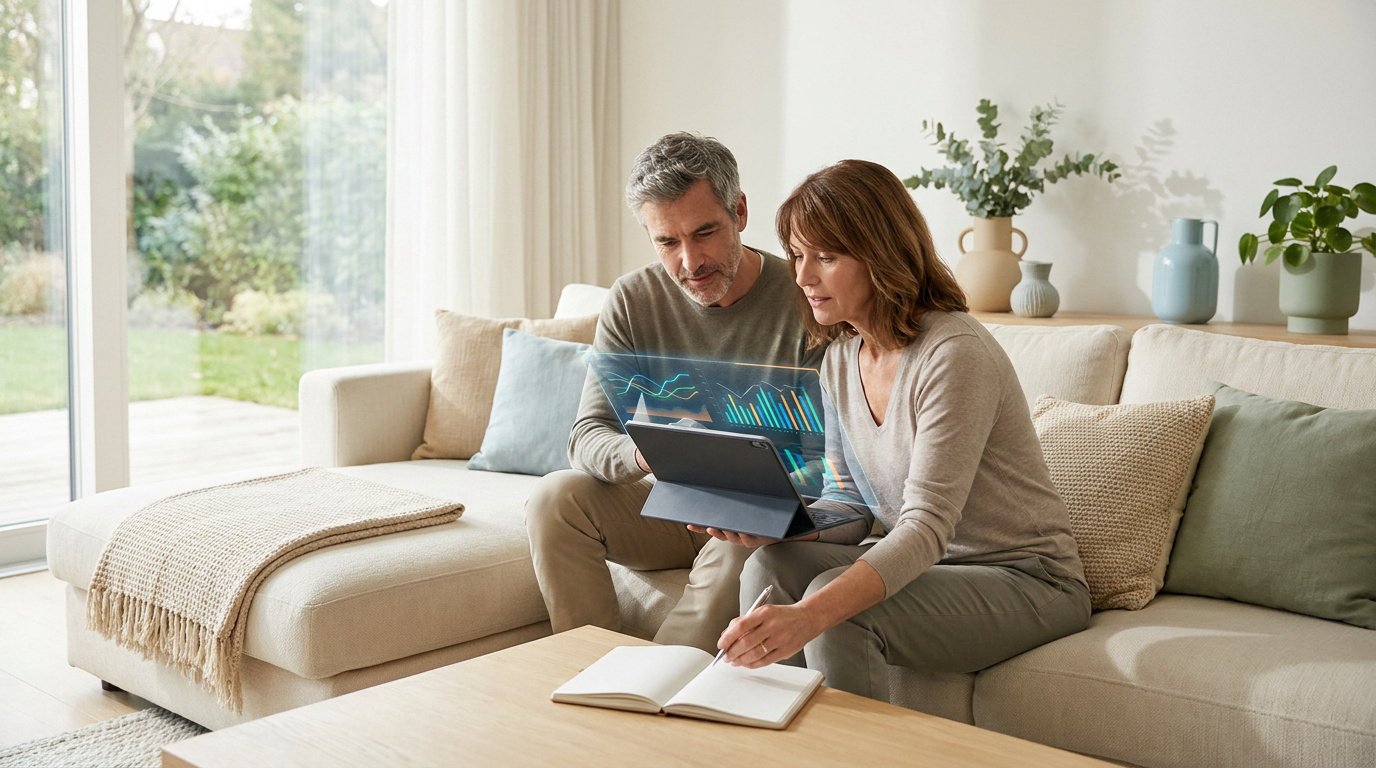 Un couple mature assis sur un canapé analyse des graphiques financiers projetés sur une tablette numérique.