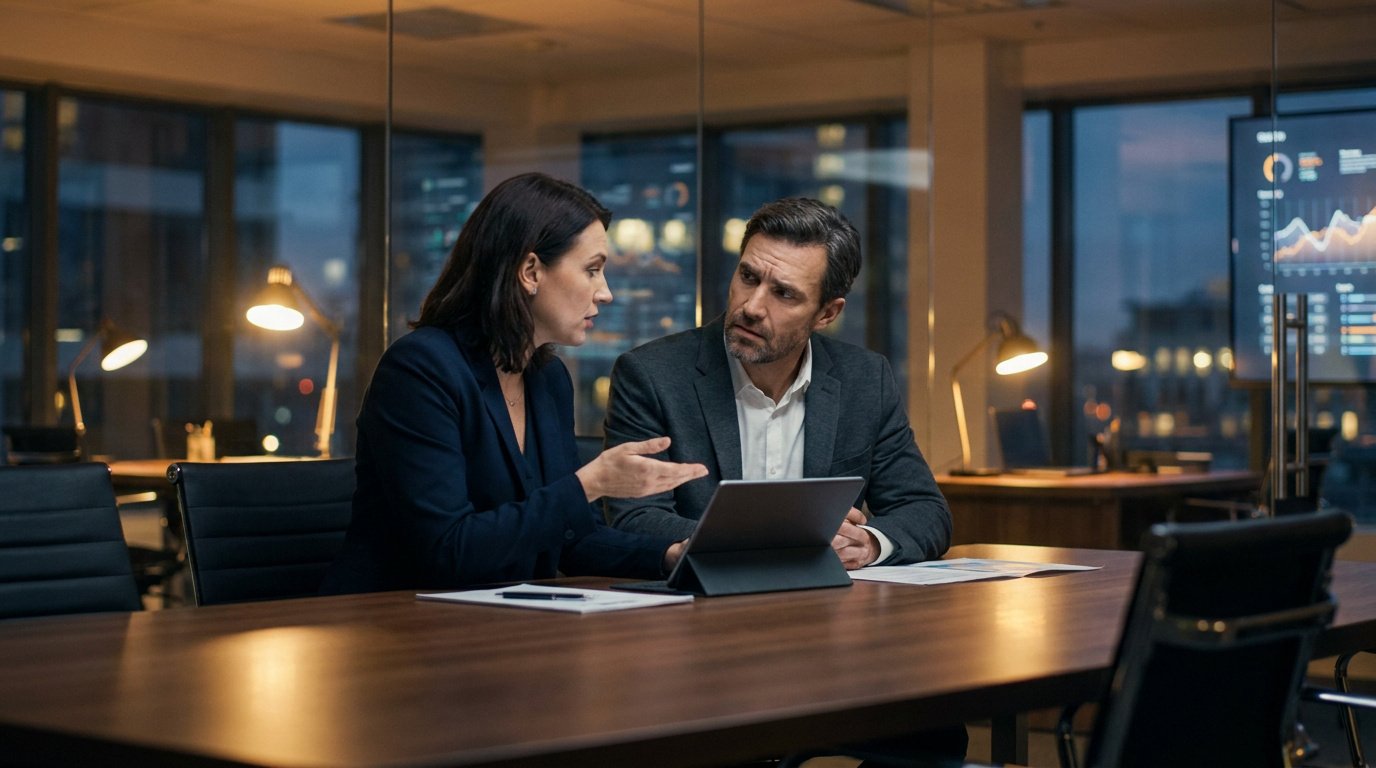 Un homme et une femme en tenue professionnelle discutent devant une tablette dans un bureau moderne éclairé le soir.