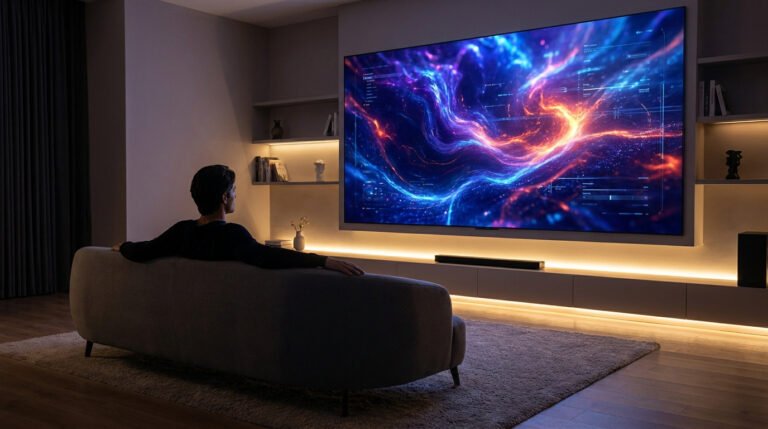 Une personne assise sur un canapé regardant un grand écran affichant des graphismes cosmiques colorés.