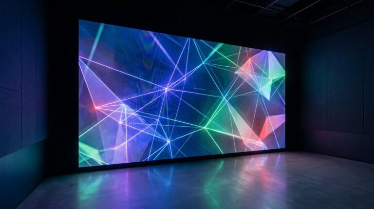 Écran géant projetant un réseau géométrique lumineux et coloré dans une salle sombre.