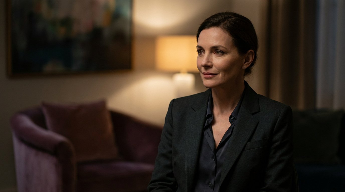 Portrait d'Antonia Desplat souriante, portant une veste sombre dans un intérieur feutré.
