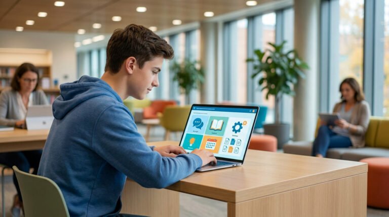 Un lycéen travaille sur son ordinateur portable affichant l'interface de l'ENT Occitanie dans une bibliothèque moderne.