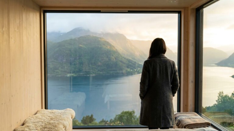 Une femme de dos regarde par une grande baie vitrée un paysage montagneux et un fjord en Norvège.