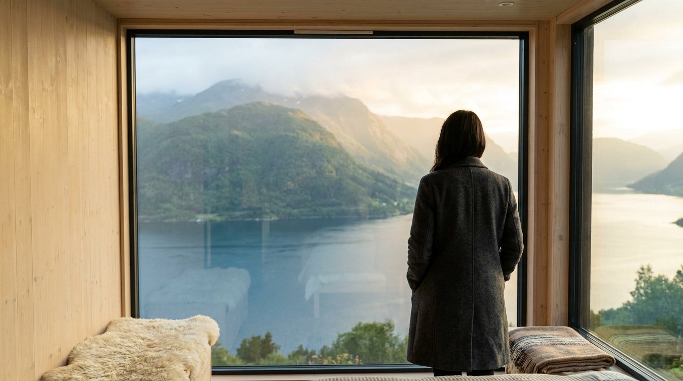 Une femme de dos regarde par une grande baie vitrée un paysage montagneux et un fjord en Norvège.