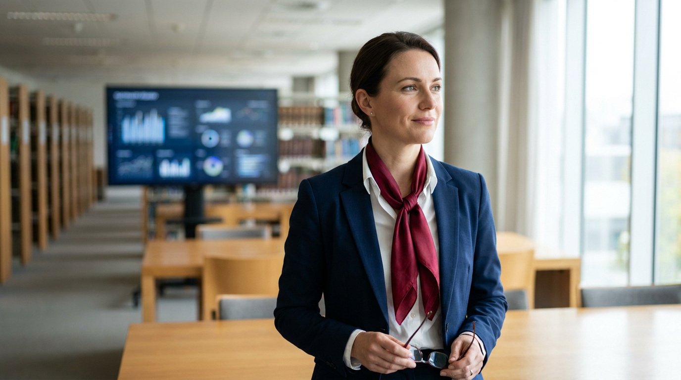 Anne-Charlène Bezzina en costume et foulard rouge dans une bibliothèque ou un espace de travail moderne.