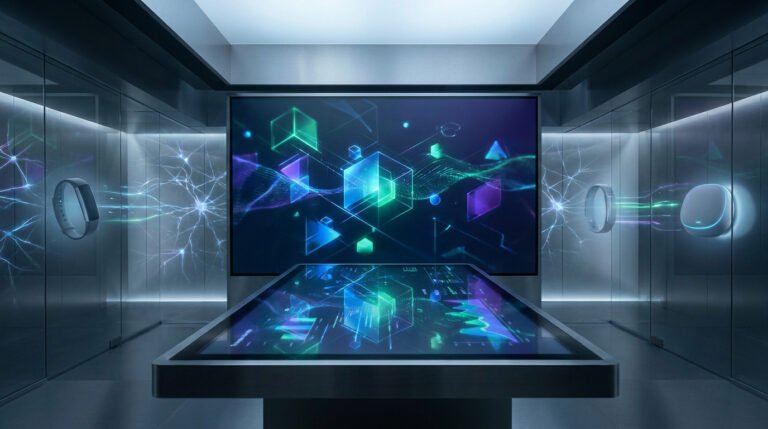Laboratoire futuriste avec table interactive, écrans holographiques et objets connectés dans une atmosphère technologique.