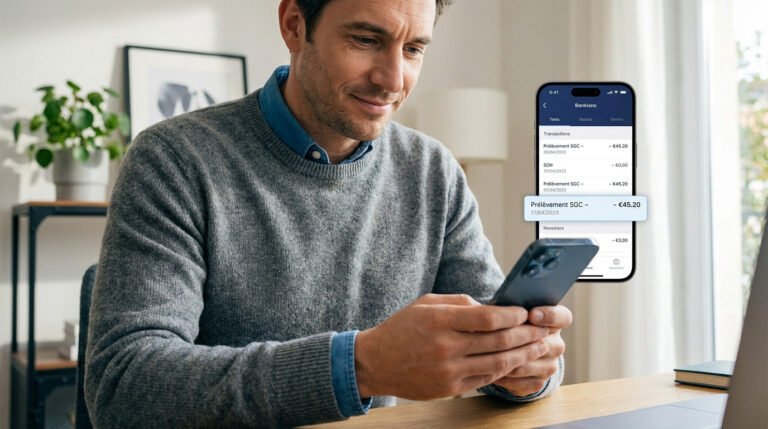 Un homme consulte une application bancaire sur son smartphone affichant une ligne de prélèvement SGC sur son compte.