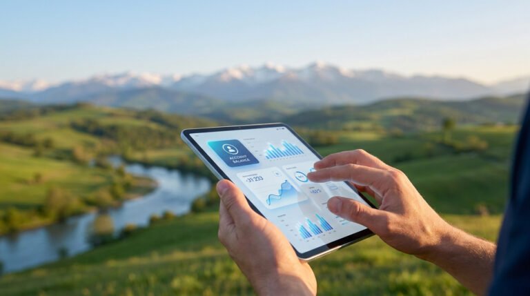 Mains tenant une tablette affichant des graphiques financiers avec les Pyrénées en arrière-plan.
