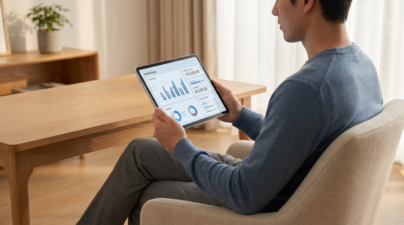 Un homme consulte un tableau de bord financier sur sa tablette dans un salon confortable.