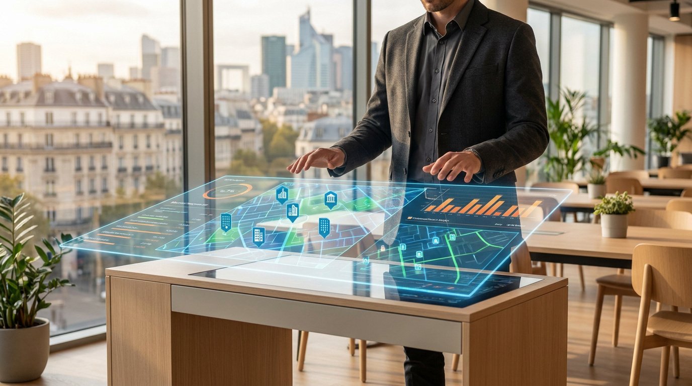 Un professionnel utilisant une interface holographique interactive pour analyser des données immobilières sur Paris.