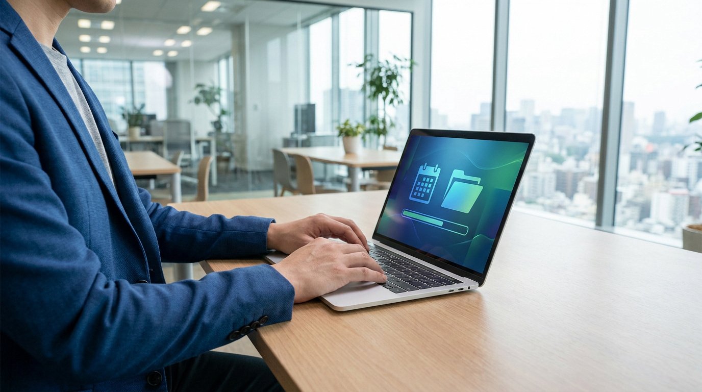 Employé travaillant sur un ordinateur portable affichant des icônes de calendrier et de dossier dans un bureau moderne.