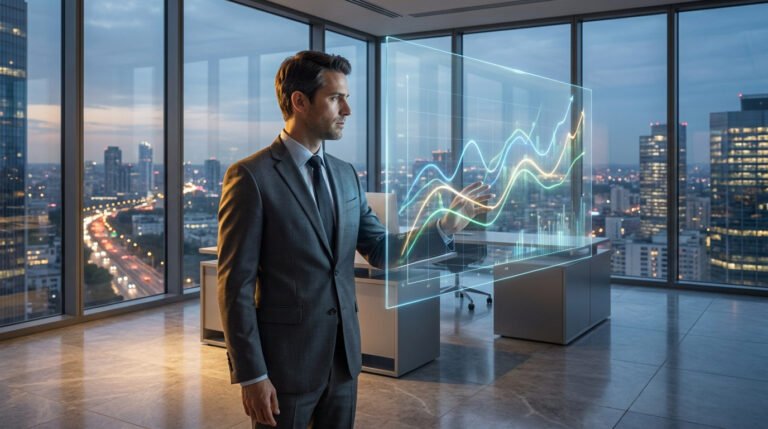 Un homme d'affaires en costume manipulant des graphiques financiers numériques dans un bureau avec vue sur la ville.