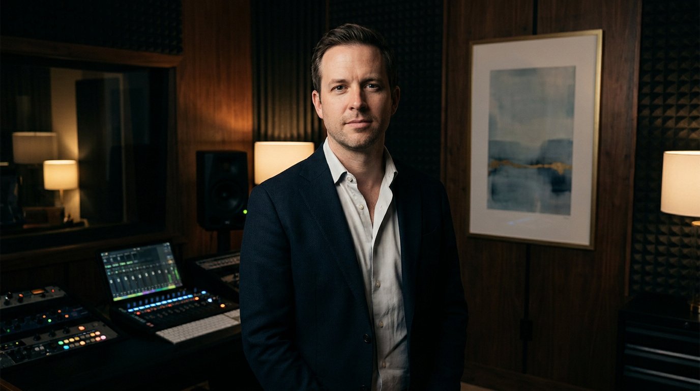 Yann Dernaucourt, vêtu d'une veste sombre, posant dans un studio d'enregistrement professionnel.