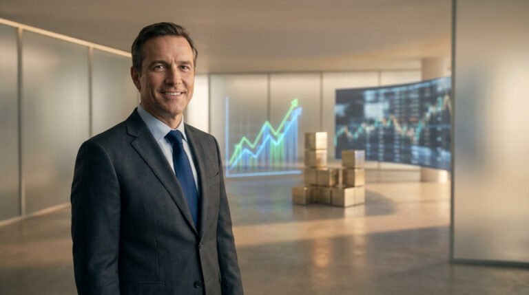 Un homme en costume souriant dans un bureau moderne avec des graphiques financiers en arrière-plan.