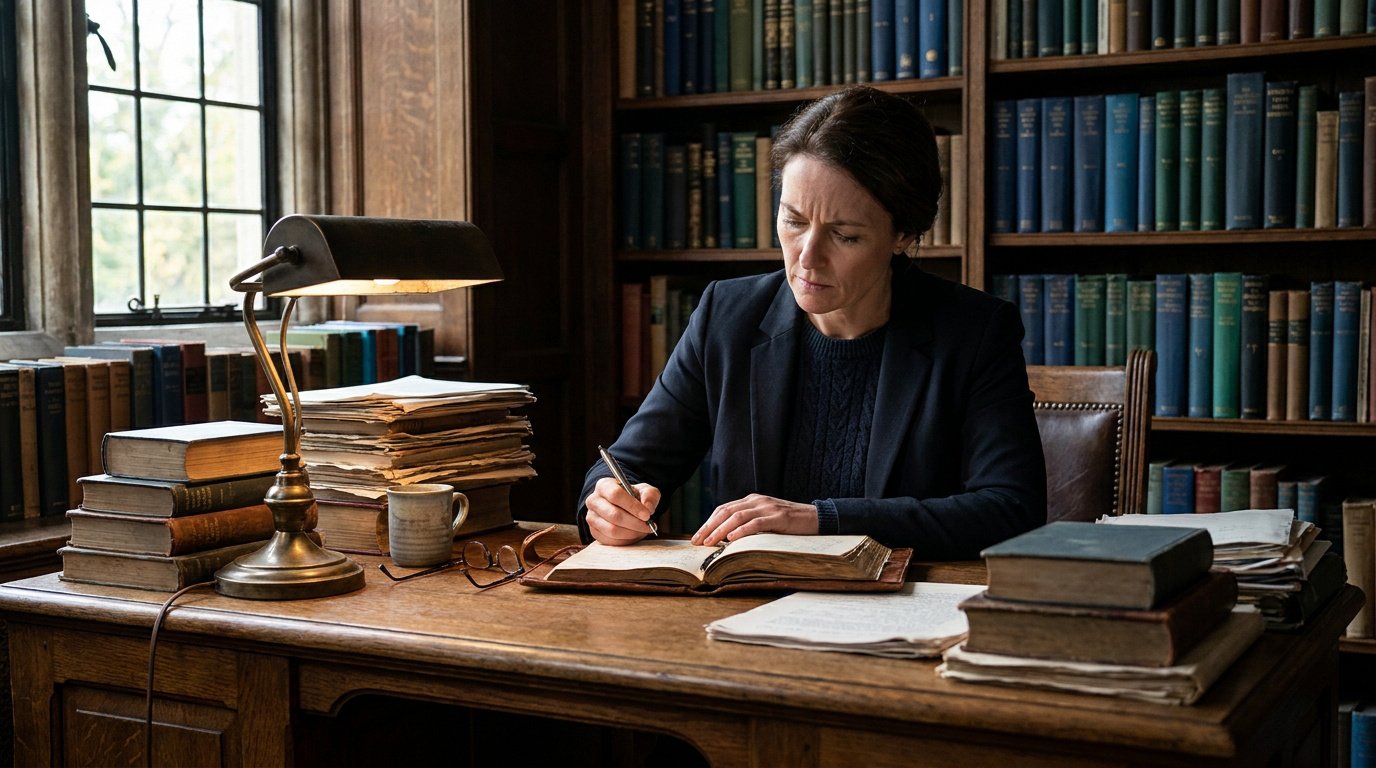 Une femme concentrée écrit dans un livre ancien dans un bureau studieux rempli de livres et éclairé par une lampe.