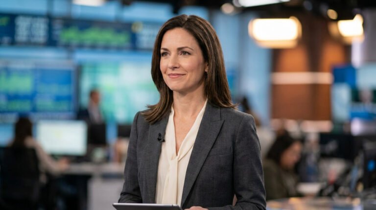 Amélie Rosique souriante, vêtue d'une veste grise, sur le plateau d'un studio de télévision professionnel.