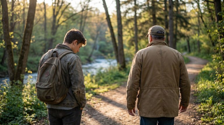 Un jeune homme portant un sac à dos et un homme plus âgé en casquette marchent ensemble sur un sentier en forêt.