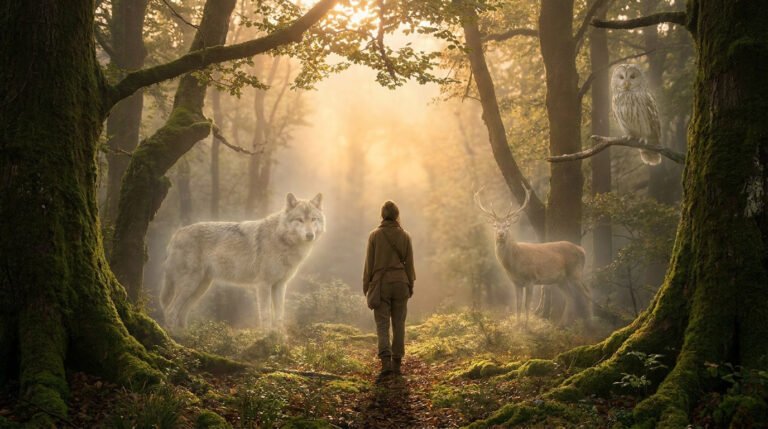 Une personne debout dans une forêt brumeuse face à un loup, un cerf et une chouette sous une lumière dorée.