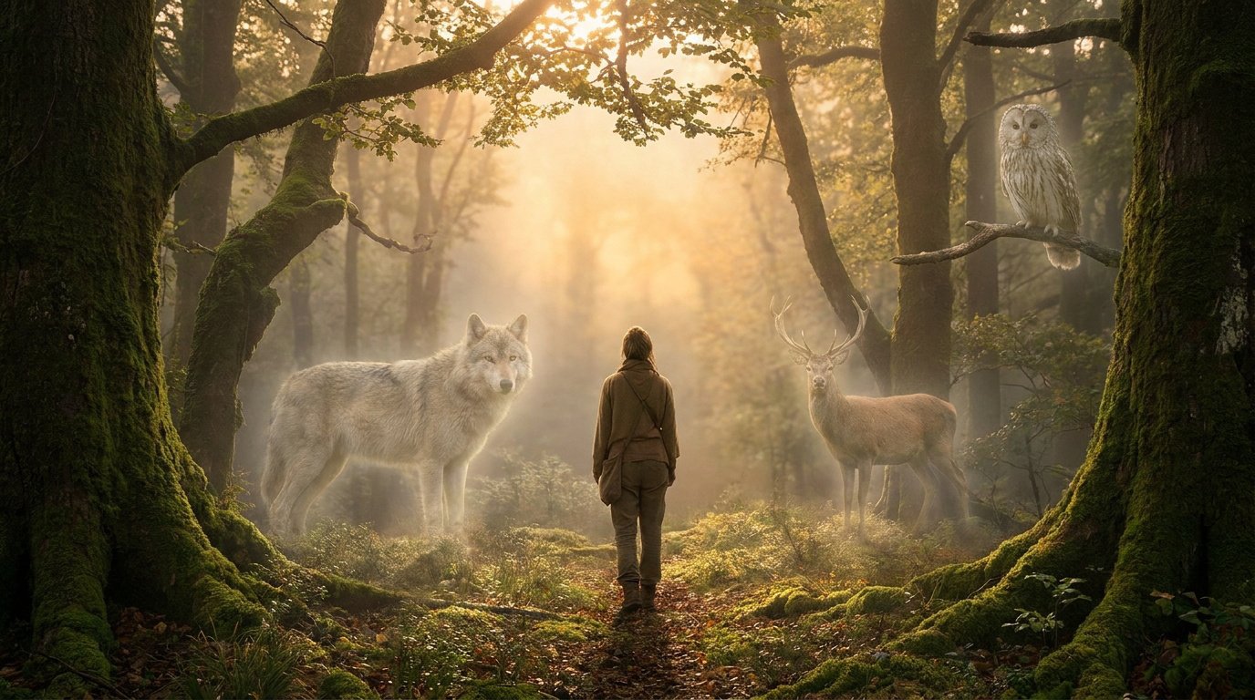 Une personne debout dans une forêt brumeuse face à un loup, un cerf et une chouette sous une lumière dorée.