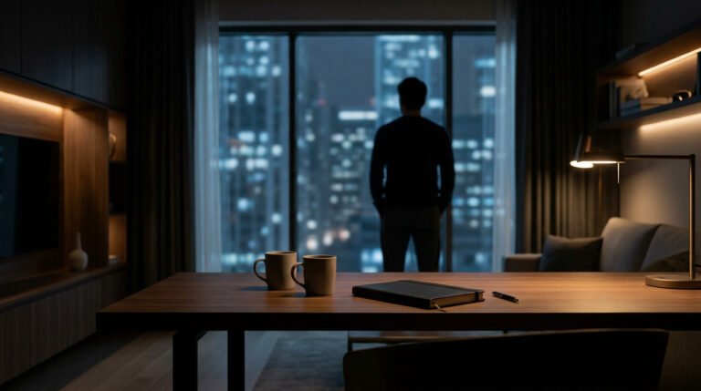 Un homme regarde par la fenêtre d'un appartement sombre surplombant une ville illuminée la nuit.