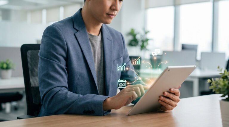 Homme d'affaires utilisant une tablette avec des icônes numériques de croissance professionnelle en surimpression.