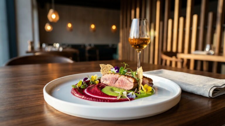 Une assiette gastronomique avec du magret de canard, purée colorée et fleurs comestibles dans un restaurant chic.