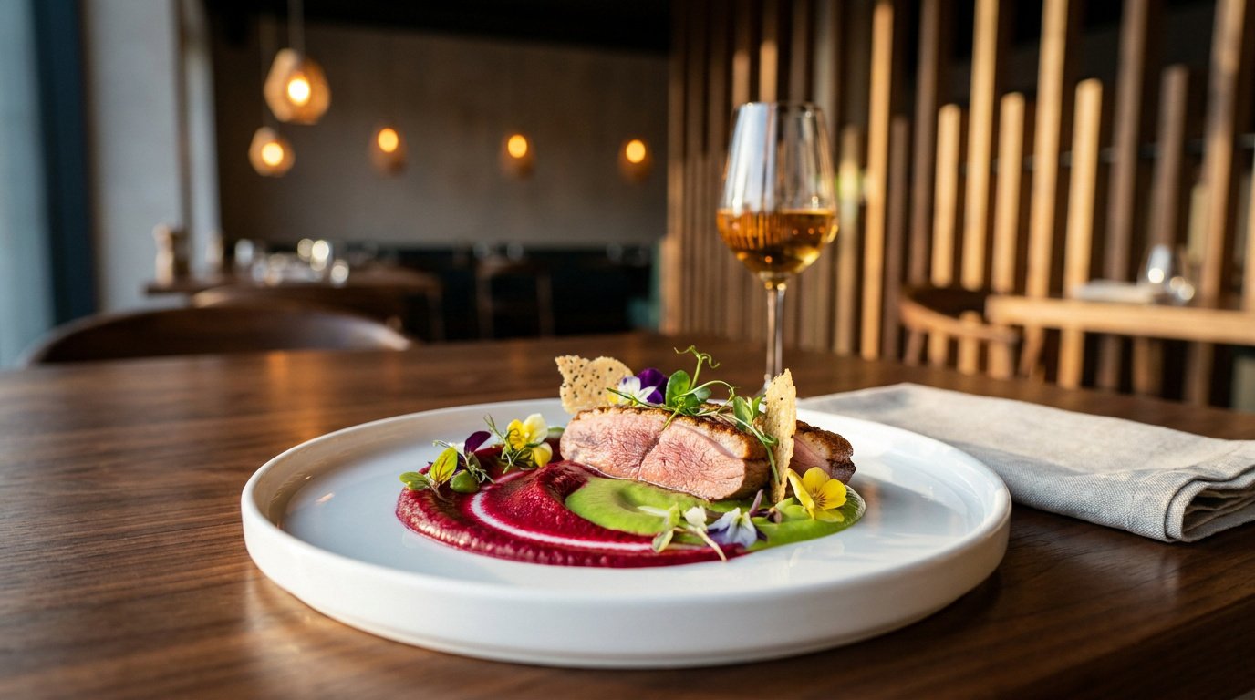 Une assiette gastronomique avec du magret de canard, purée colorée et fleurs comestibles dans un restaurant chic.