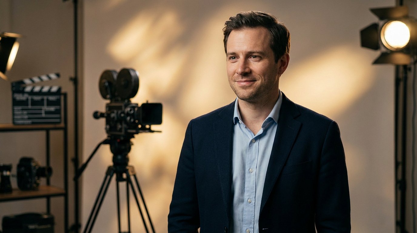 Portrait de Victor Ribeiro Vasconcelos souriant dans un studio de cinéma avec une caméra en arrière-plan.