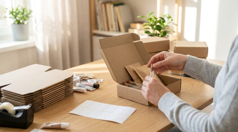 Personne préparant des colis sur un bureau avec des boîtes en carton et des accessoires d'emballage.