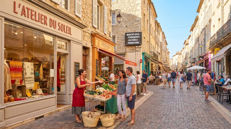 Une vendeuse sourit devant son étal de fruits et légumes dans une rue commerçante animée et ensoleillée à Alès.