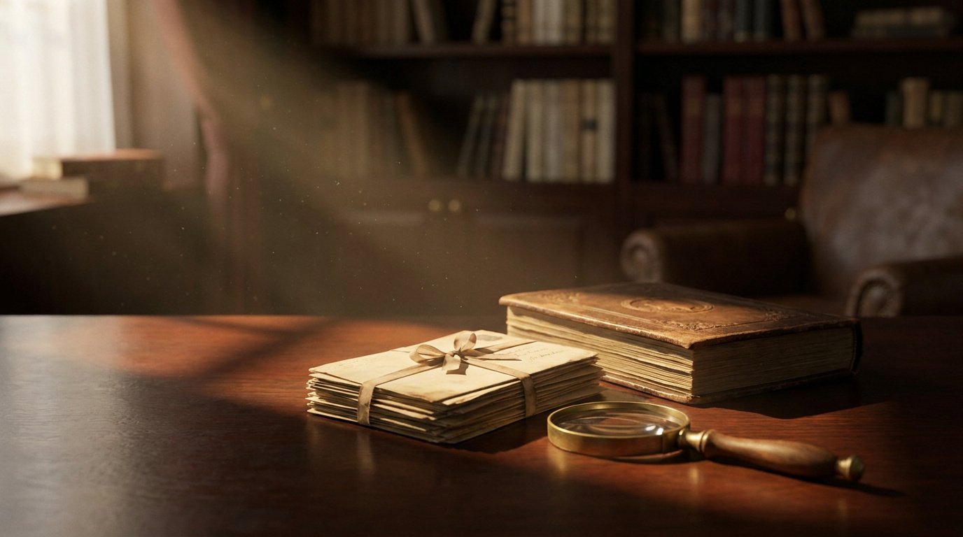 Une pile de vieilles lettres, un livre ancien et une loupe posés sur un bureau en bois dans une bibliothèque.