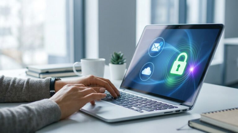 Mains d'une personne utilisant un ordinateur portable affichant des icônes de sécurité, de messagerie et de cloud.