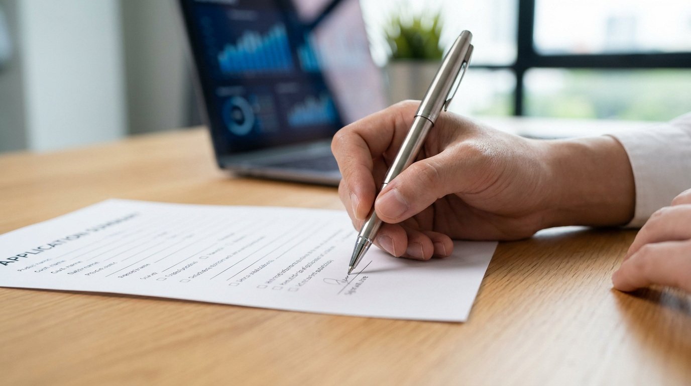 Une personne signe un document de récapitulatif de candidature avec un stylo sur un bureau en bois.