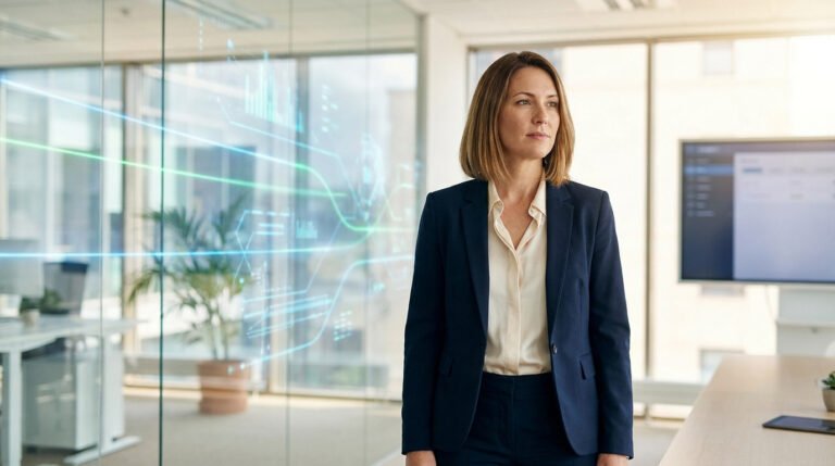 Une femme d'affaires en costume dans un bureau moderne avec des graphiques digitaux projetés sur une paroi vitrée.