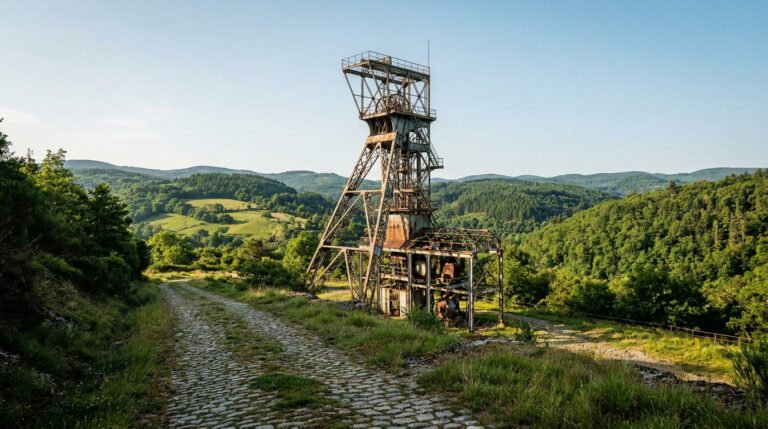 Un ancien chevalement minier en métal rouillé se dresse au milieu d'un paysage verdoyant et vallonné.