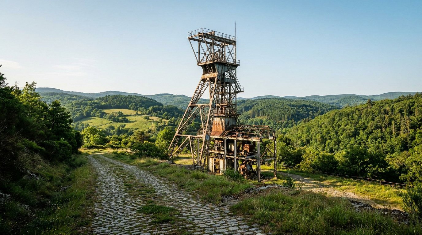 Un ancien chevalement minier en métal rouillé se dresse au milieu d'un paysage verdoyant et vallonné.