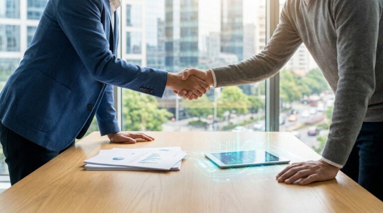 Deux professionnels se serrant la main au-dessus d'une table avec des documents et une tablette numérique holographique.