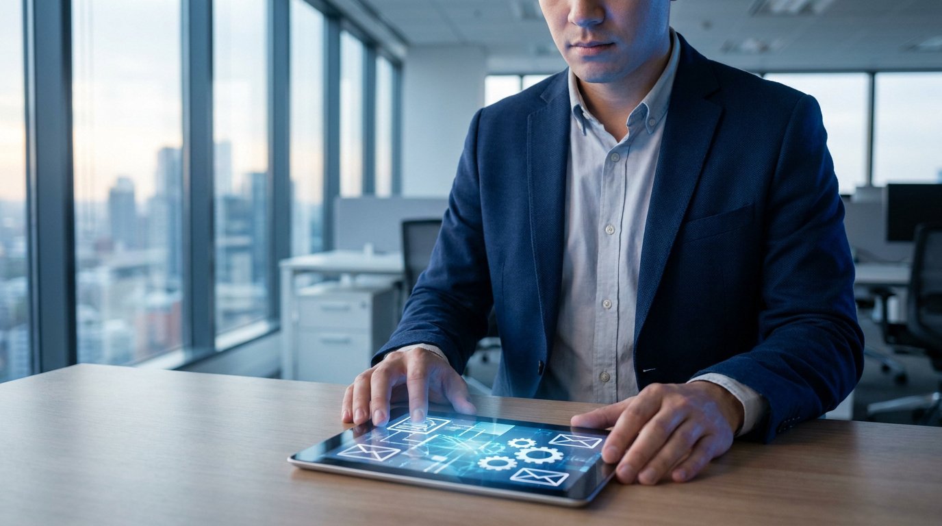 Un employé en costume utilise une tablette numérique avec des icônes d'application sur l'écran dans un bureau moderne.