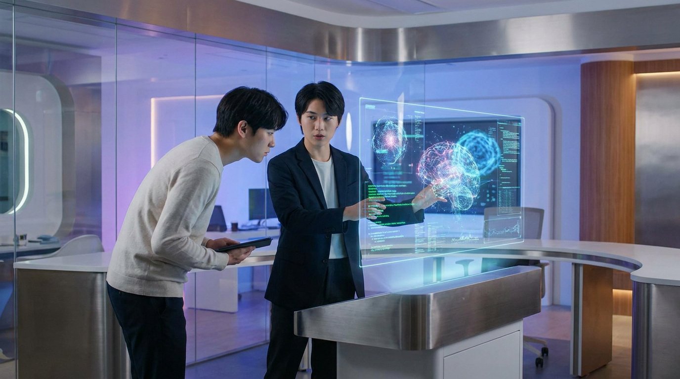Deux jeunes hommes analysent des graphiques holographiques complexes d'intelligence artificielle dans un bureau moderne.