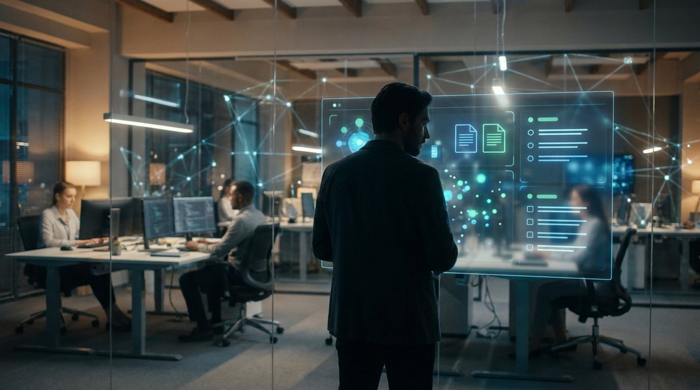 Un professionnel utilisant une interface numérique holographique pour gérer des contrats numériques sécurisés au bureau.