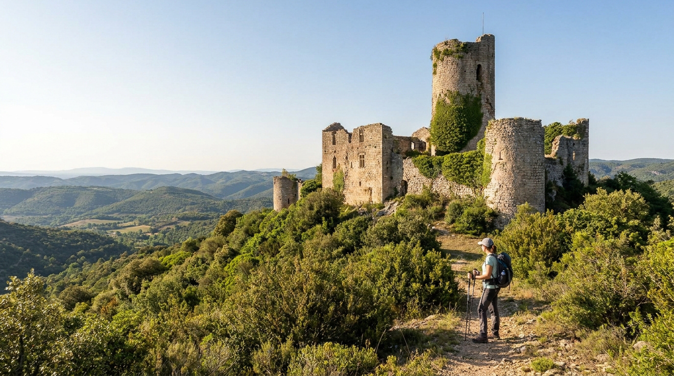 Une randonneuse avec un sac à dos admire les ruines du Château de Tornac dominant la vallée dans le Gard.