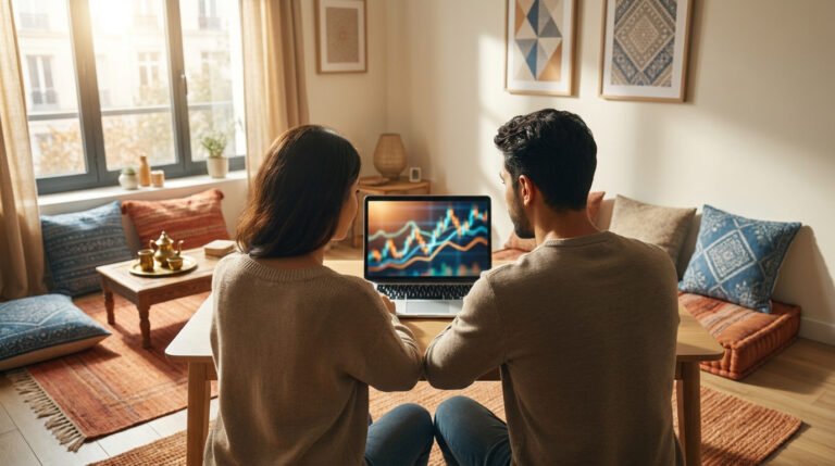 Un couple algérien assis chez lui devant un ordinateur portable affichant des courbes financières et des graphiques.