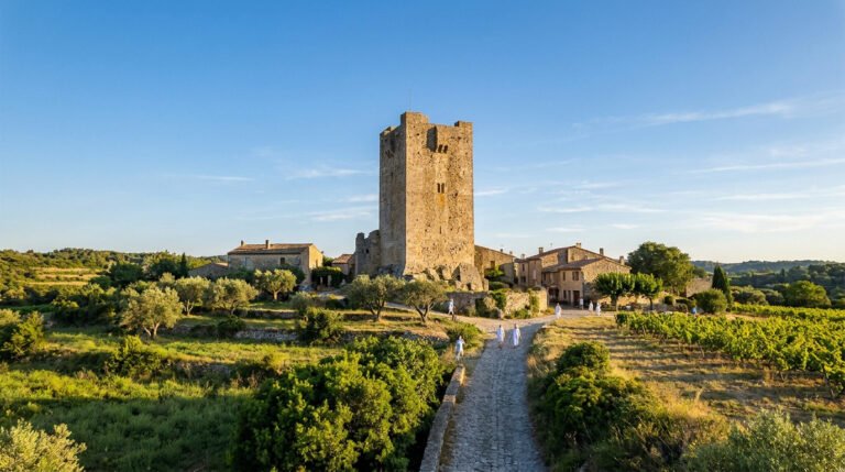 Vue panoramique du donjon médiéval de Boucoiran entouré de vignes et de champs sous un ciel bleu ensoleillé.